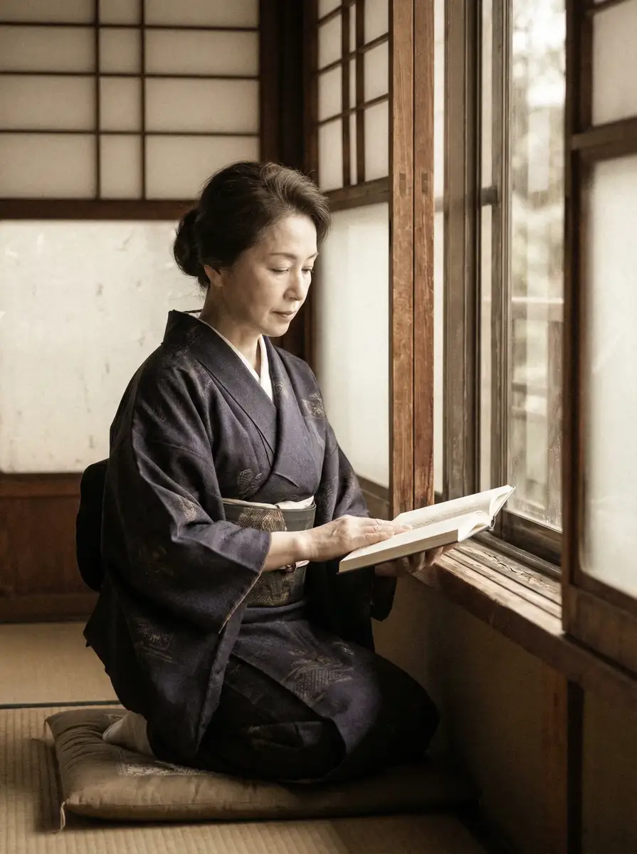 一位优雅的五十岁 阳茎伸入女人阳道视频 身穿深蓝色和服，在窗边静读